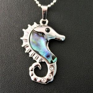 Silver Rhinestone Natural Abalone Seahorse Pendant